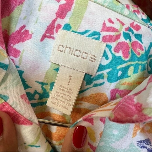 CHICO'S Top Floral Button Up Tie Front 3/4 Sleeve 100% Cotton - Picture 8 of 10